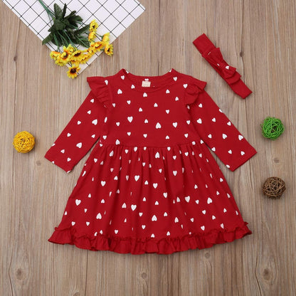 Toddler Baby Girl Valentines Day Clothes Long Sleeve Ruffle Heart Print Dress Causal Playwear Dress with Headband (Red, 18-24 Months)