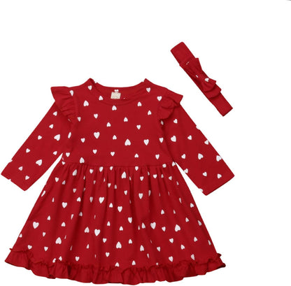 Toddler Baby Girl Valentines Day Clothes Long Sleeve Ruffle Heart Print Dress Causal Playwear Dress with Headband (Red, 18-24 Months)