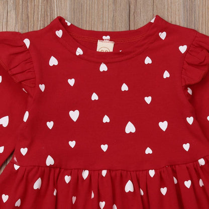 Toddler Baby Girl Valentines Day Clothes Long Sleeve Ruffle Heart Print Dress Causal Playwear Dress with Headband (Red, 18-24 Months)