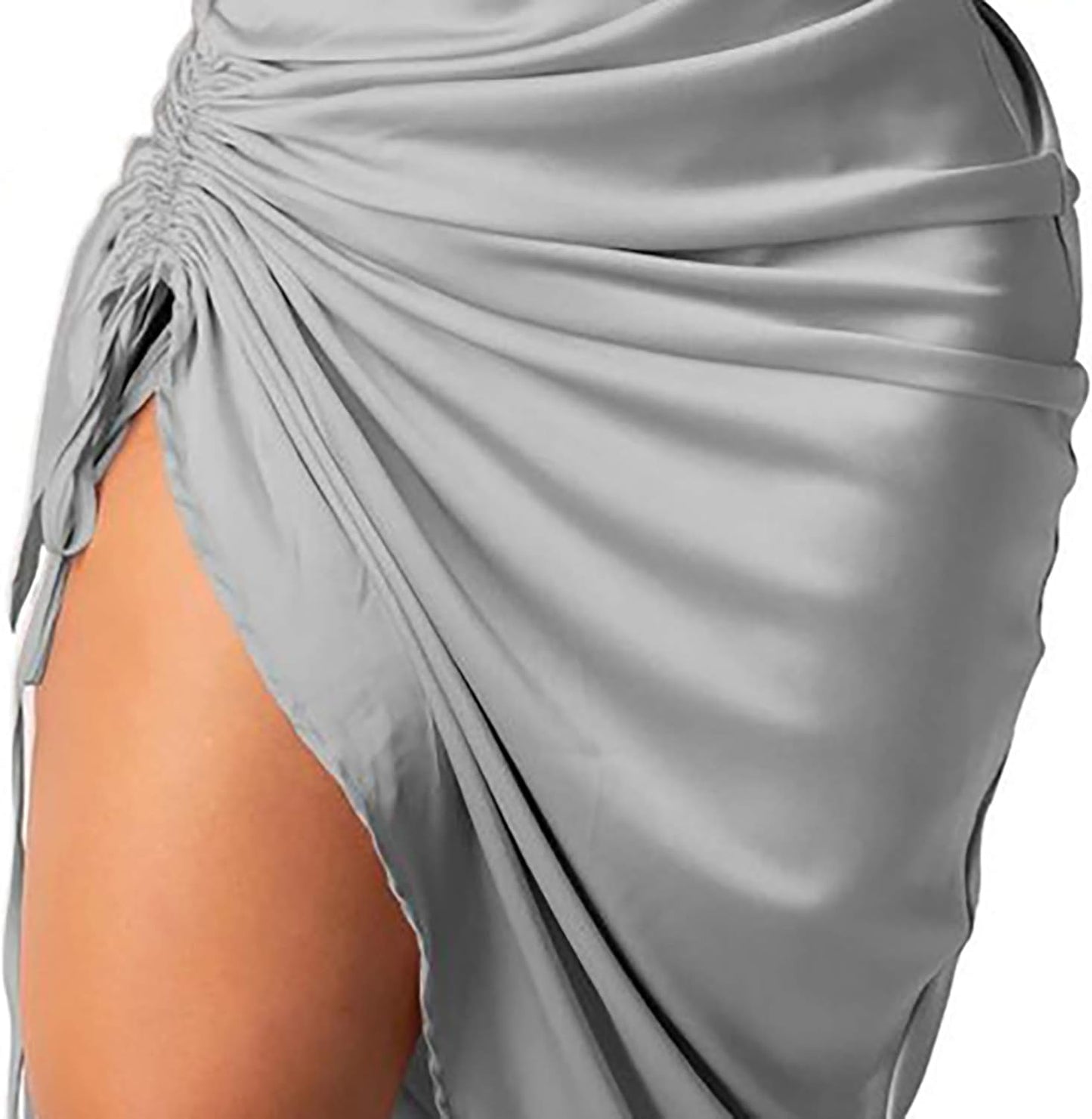 Women'S Summer Sexy Ruched Midi Adjustable Spaghetti Strap Bodycon Drawstring Side Slit Slip Party Clubwear Dress, A-Gray, Small