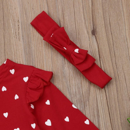Toddler Baby Girl Valentines Day Clothes Long Sleeve Ruffle Heart Print Dress Causal Playwear Dress with Headband (Red, 18-24 Months)